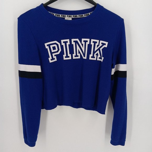 PINK VICTORIA'S  SECRET CROPPED PULLOVER BLUE SWEATSHIRT SIZE MEDIUM - Picture 9 of 9